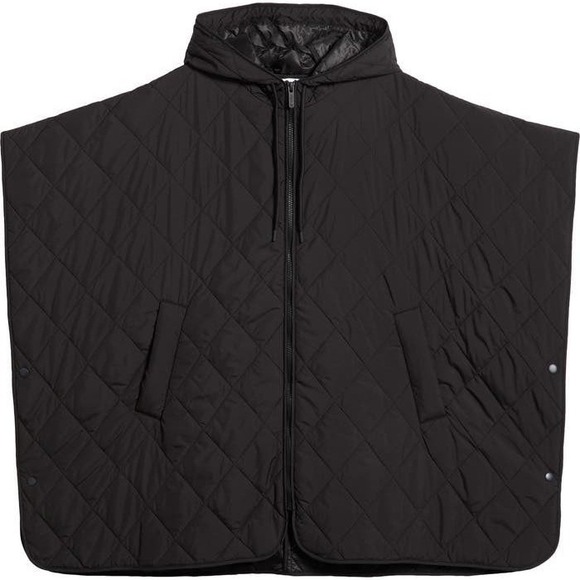 Zella Black Quilted Hooded Poncho Zip Front Diamond Stitch Cape with Pockets - Picture 7 of 15